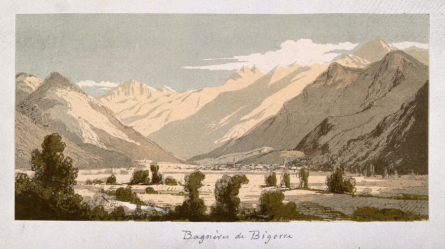 Landscape view of Bagnères de Bigorre with the Pyrénees in the background. Coloured chromolithograph.
