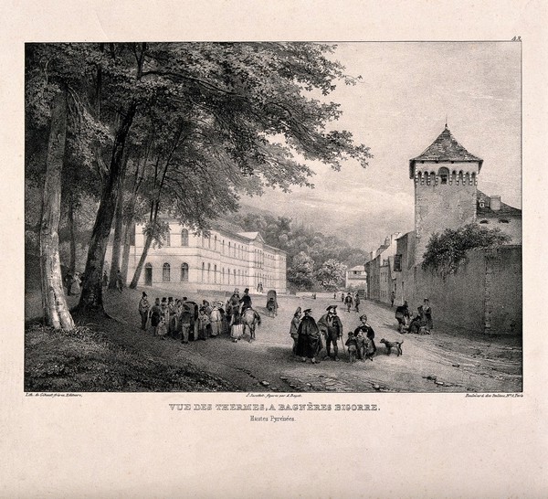 Bagnères-de-Bigorre, Pyrenees: the thermal baths and visitors. Lithograph by J. Jacottet and A. Bayot, 1841.
