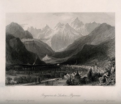 Cityscape mountain view of Bagnères de Luchon. Steel engraving by J. Templeton after T. Allom.