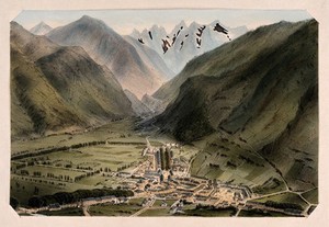 view Mountain landscape view of Bagnères de Luchon. Coloured lithograph, 1853.