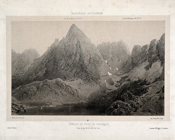 An expedition to the mountain pass at Venasque taken from the lake. Lithograph by V. Petit after himself.