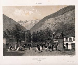 view The main avenue, Allées d'Étigny, Bagnères de Luchon. Lithograph by E. Ciceri.