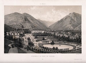 view Panoramic view of the park and town, Luchon with the mountains in the background. Lithograph by E. Ciceri after himself.