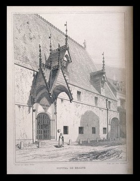 Beaune Hospital. Etching by L. Gaucherel after A. Verdier.