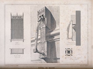 view Architectural details of the hospital, Beaune. Line engraving by Sauvageot after L. Gaucherel and A. Verdier.