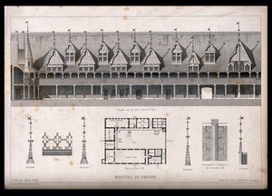 view Architectural details of the roof of Beaune hospital, including a floor plan. Line engraving by L. Gaucherel and Sauvageot after A. Verdier.