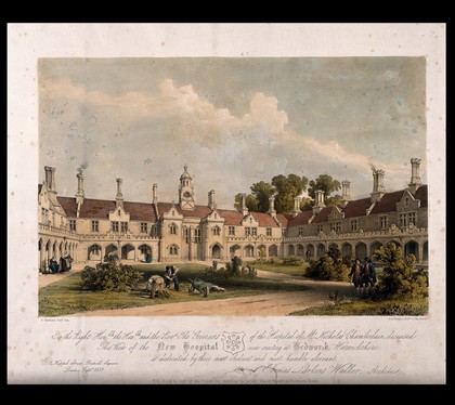 Courtyard view of the New hospital and grounds, Bedworth, Warwickshire. Coloured lithograph by G. Hawkins the younger, 1839.