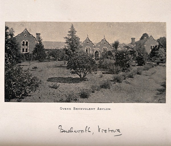 Ovens benevolent asylum and grounds, Beechworth, Victoria (Australia). Process print.