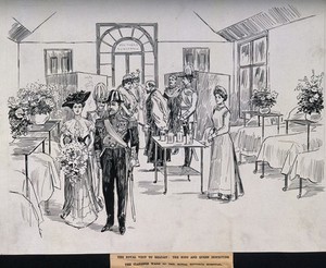 view Royal Victoria Hospital, Belfast: a visit by the King and Queen to the Clarence ward. Pen and ink drawing, 1903.