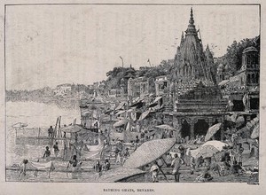 view The bathing ghats and lingham temples by the river Ganges, Benares, India. Process print after S.G. Dawson.