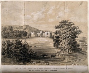 view The Wharfedale Hydropathic establishment and hotel (Ben Rhydding). Lithograph by W. Monkhouse, ca. 1860.