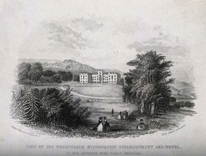 view The Wharfedale hydropathic establishment and hotel (Ben Rhydding) with surrounding grounds. Etching, ca. 1860.