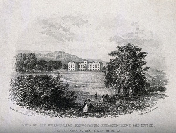 The Wharfedale hydropathic establishment and hotel (Ben Rhydding) with surrounding grounds. Etching, ca. 1860.