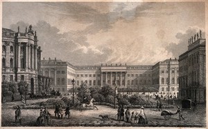 view A courtyard view showing the university buildings and street life, Berlin, Germany. Stipple engraving.