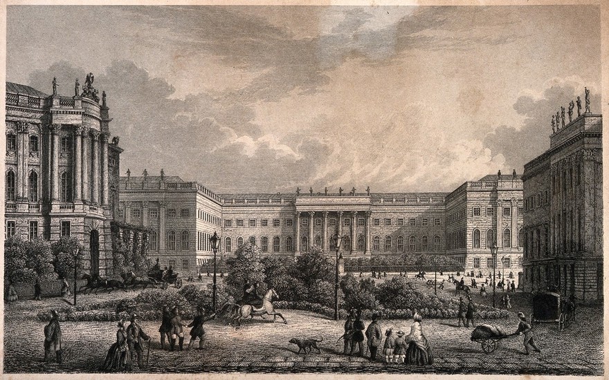 A courtyard view showing the university buildings and street life, Berlin, Germany. Stipple engraving.
