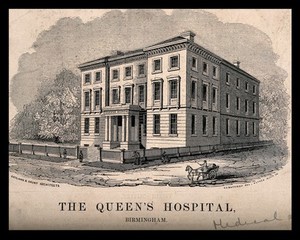 view The Queens hospital, Birmingham. Wood engraving by A. Allen after J.J. Bateman after Bateman and Drury.