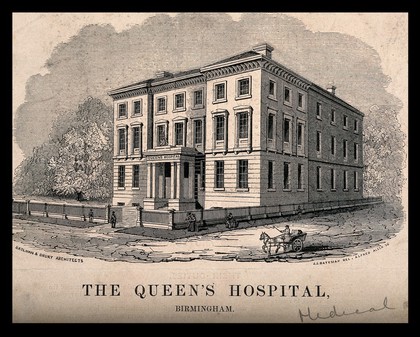 The Queens hospital, Birmingham. Wood engraving by A. Allen after J.J. Bateman after Bateman and Drury.