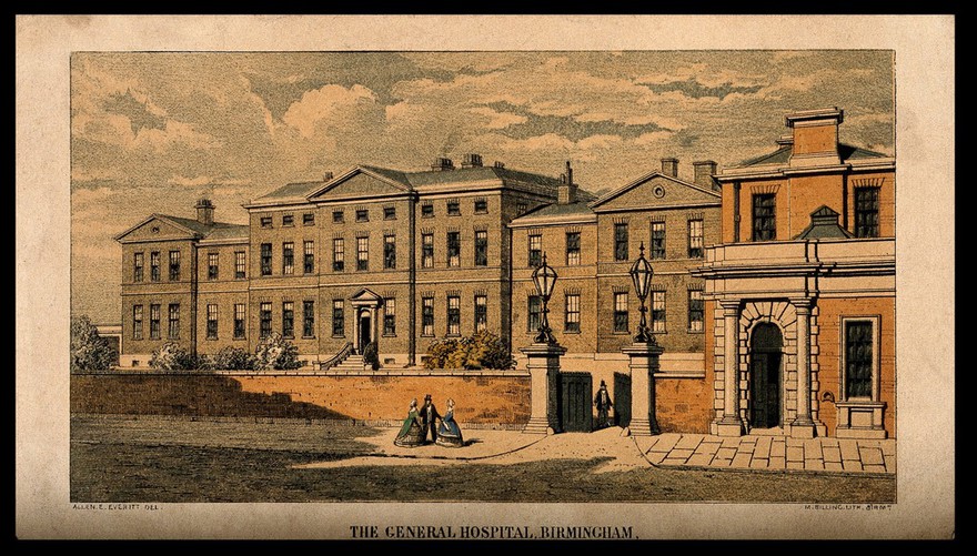 The General hospital, Birmingham. Coloured lithograph by M. Billing after A.E. Everitt.