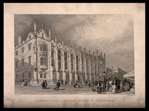 view King Edward VI's grammar school, Birmingham. Stipple engraving by W. Radclyffe after H. Harris after Sir C. Barry.