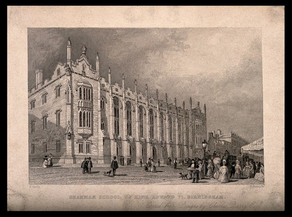 King Edward VI's grammar school, Birmingham. Stipple engraving by W. Radclyffe after H. Harris after Sir C. Barry.