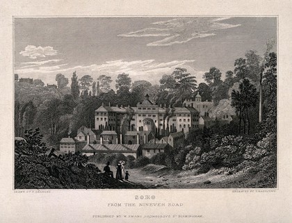 Soho Manufactory, Soho, Birmingham. Line engraving by T. Radclyffe after F. Calvert.