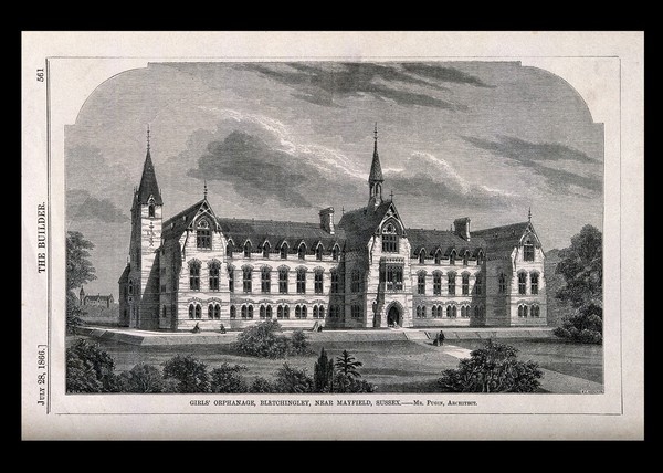 The girl's orphanage, Blechingley, Sussex. Wood engraving by W.E. Hodgkin, 1866, after B. Sly after A. Pugin.
