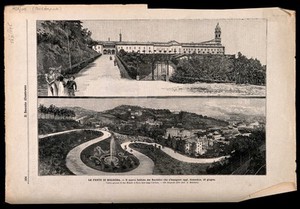 view Two views showing the new Rachitici institute and the surrounding woodland area of San Michele, Bologna, Italy. Wood engraving after a photograph by A. Belvederi, 1896.