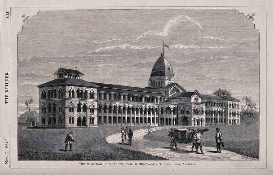 The European General hospital, Bombay, India. Wood engraving by J.H. Metcalfe, 1864, after W.E. Hodgkin after T.R. Smith.