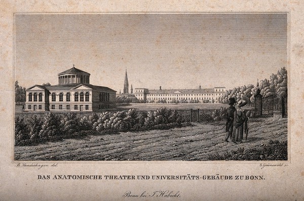 A view of the Anatomy theatre and University buildings, Bonn, Germany. Line engraving by E. Grünewald after B. Kundeshagen.