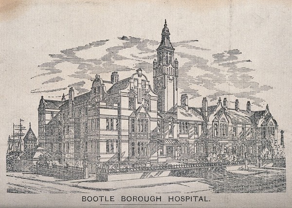Bootle Borough hospital. Process print after a pen drawing.