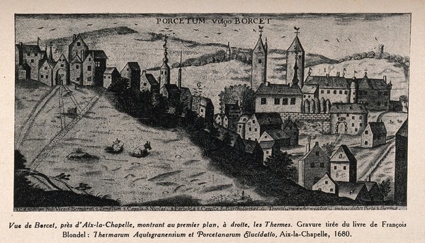 Cityscape view of Borcet showing the thermal baths with a numbered key, near Aix-la-Chapelle, France. Reproduction of a wood engraving, 1680.