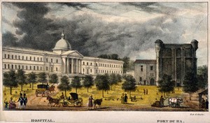 view The hospital in Gironde, Bordeaux, France. Coloured lithograph by Gaulon.