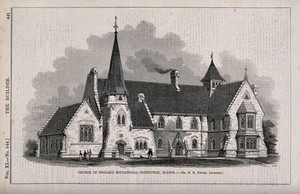 view The Church of England educational institution, Bolton. Wood engraving by C.D. Laing, 1853, after R.H. Potter.