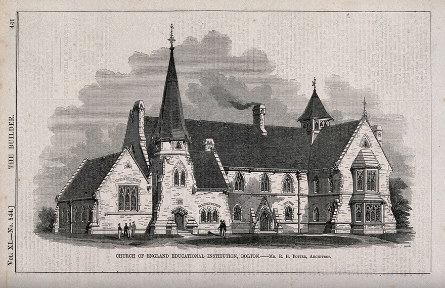 The Church of England educational institution, Bolton. Wood engraving by C.D. Laing, 1853, after R.H. Potter.