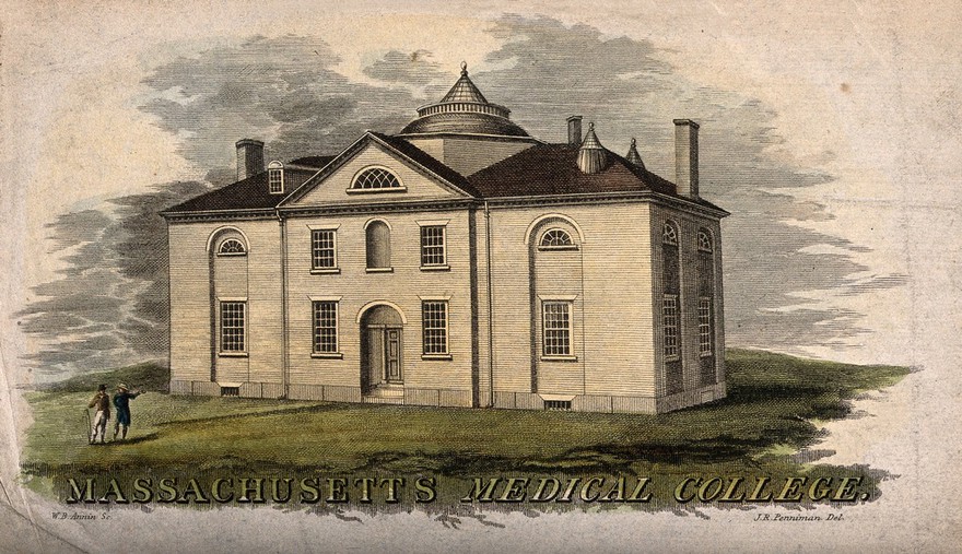 Two figures admiring Massachusetts medical college. Coloured engraving by W.B. Annin after J.R. Penniman.