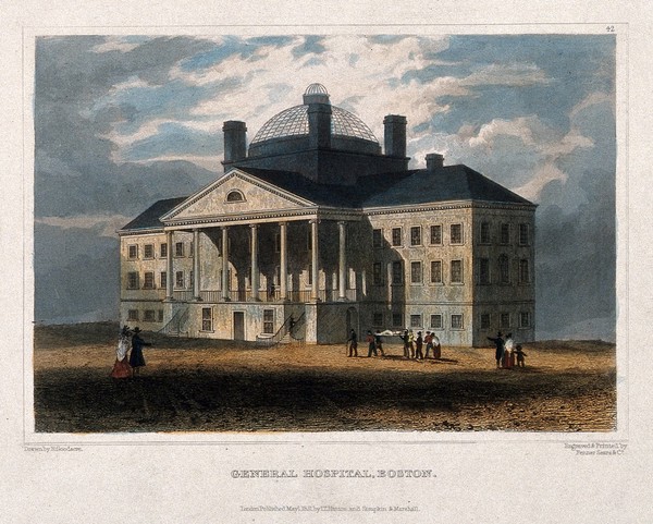 Patient being carried to Boston General hospital on a stretcher. Coloured line engraving by Fenner Sears & Co., 1831, after R. Goodarce.