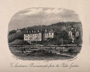 view The Sanatorium and grounds, Bournemouth. Photolithograph after an etching.