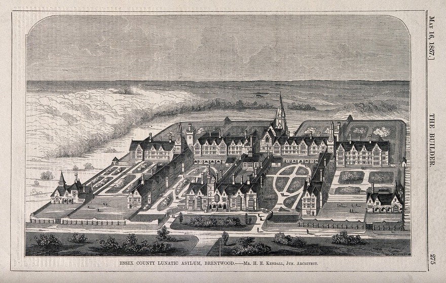 The County Lunatic Asylum, Brentwood, Essex: bird's eye view. Wood engraving by W.E. Hodgkin, 1857, after H.E. Kendall.