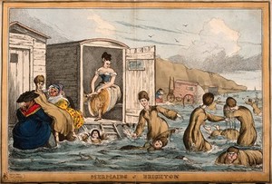 view Women swimming in the sea at Brighton. Coloured etching by W. Heath.