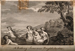 view Five women bathing while a man peeps from behind a tree. Line engraving.