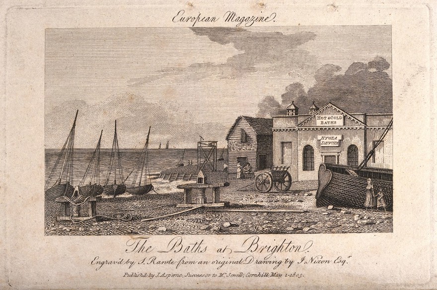 The public baths and fishing boats, Brighton beach. Line engraving by S. Rawle after J. Nixon.