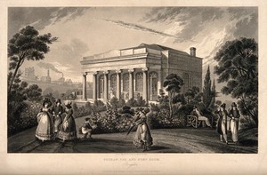 view The German spa, Brighton: pump room and surrounding grounds. Aquatint by M.U. Sears after himself.