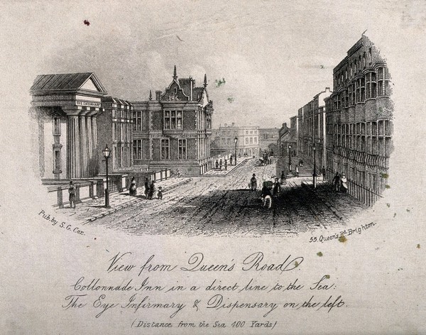 Brighton: the Queens Road, leading towards the sea with a view of the Eye Infirmary and the Dispensary. Steel engraving.