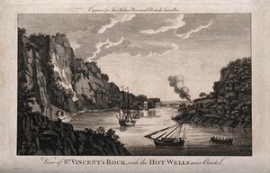 view Waterscape scene of St. Vincent's rock and hot wells, near Bristol. Line engraving, 1779.