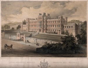 view Queen Elizabeth's hospital, Brandon Hill, Bristol: students filing in. Coloured lithograph by G. Hawkins after S.C. Jones after T. Foster.