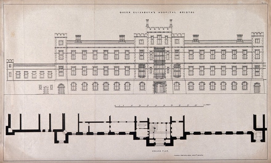 Architectural diagram of the facade and ground plan of Queen Elizabeth's hospital. Reproduction of a drawing after T. Foster & Son.
