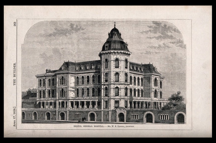 Bristol General Hospital. Wood engraving by W.E. Hodgkin, 1858, after B. Sly after W.B. Gingell.