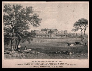 view Northwoods asylum and surrounding grounds, Bristol. Line engraving by W. Miller after S.D. Swarbreck.