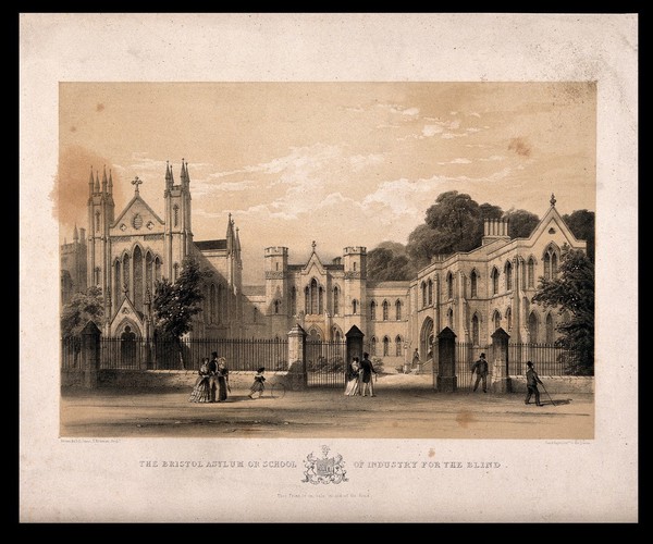 The asylum or school for the blind, Bristol: the courtyard. Lithograph by Day & Haghe after S.C. Jones and T. Rickman.