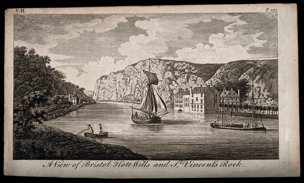 Harbour view of Bristol wells and St. Vincent's rock. Line engraving, 17--.